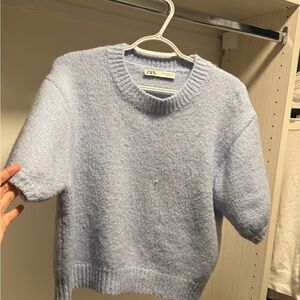 ZARA Light Blue Fuzzy Short-Sleeve Crew Sweater